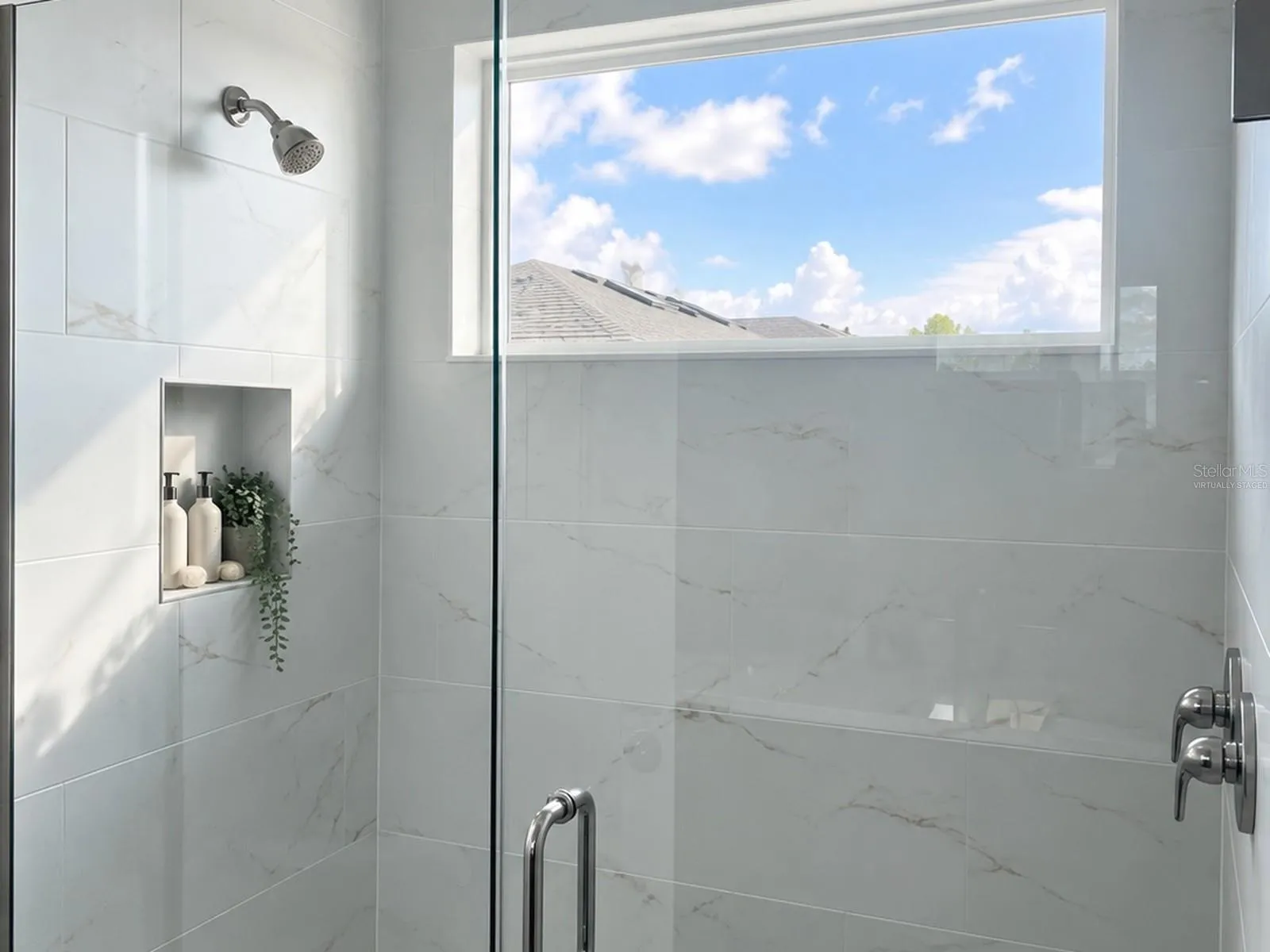 Primary bathroom. Virtually staged