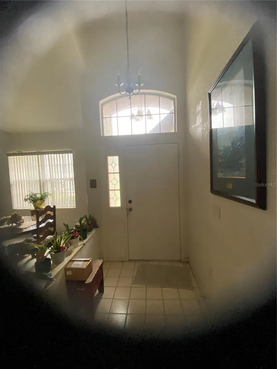 Front door of the house tiles flooring in this area, High ceiling, and large window above the front door.