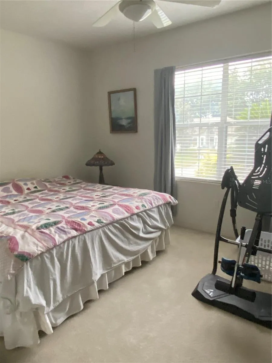 2nd guest bedroom, clean carpet, high ceiling, ceiling fan with lights, large window that brings natural lighting.