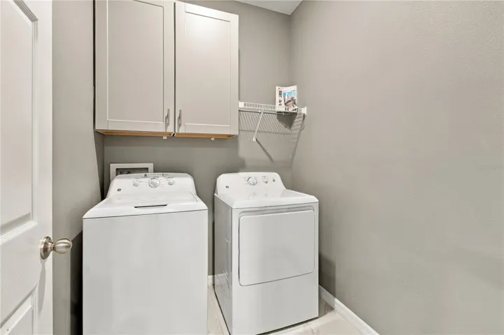 Laundry Room w/Storage Cabinet, Shelving & Brand New Washer & Dryer
