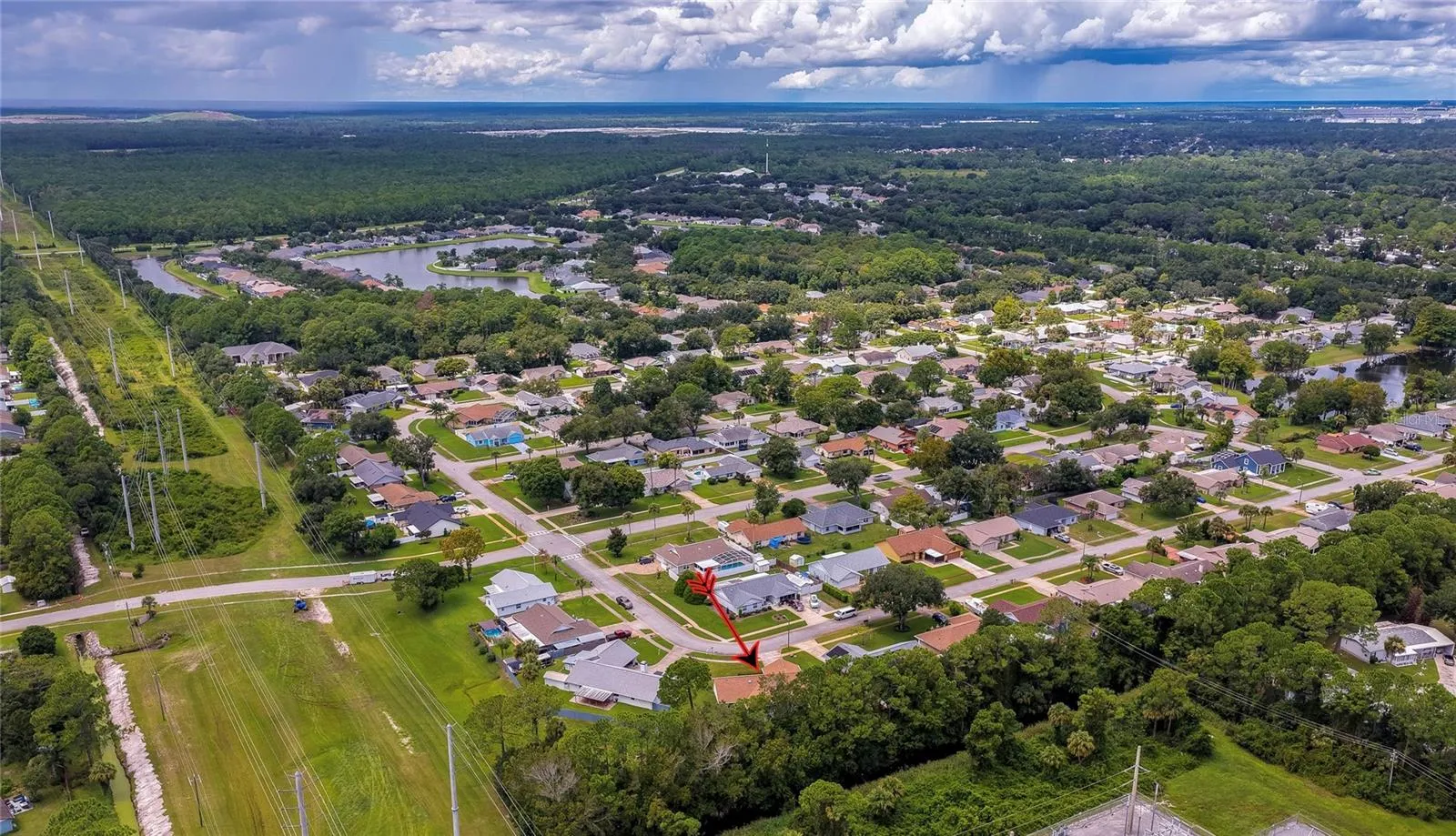 Panoramic aerial perspective illustrating the quiet, wooded neighborhood layout and expansive green canopy.