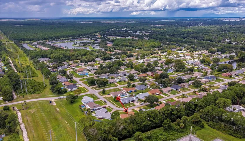 Panoramic aerial perspective illustrating the quiet, wooded neighborhood layout and expansive green canopy.
