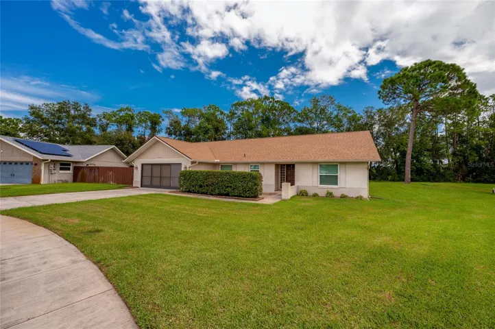Charming single-story exterior showcasing a wide paved driveway, manicured green lawn, and low-maintenance landscaping.