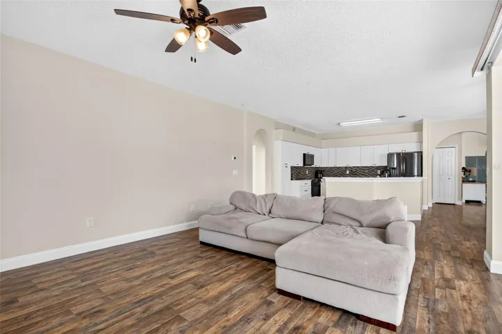 Large family room adjacent to kitchen