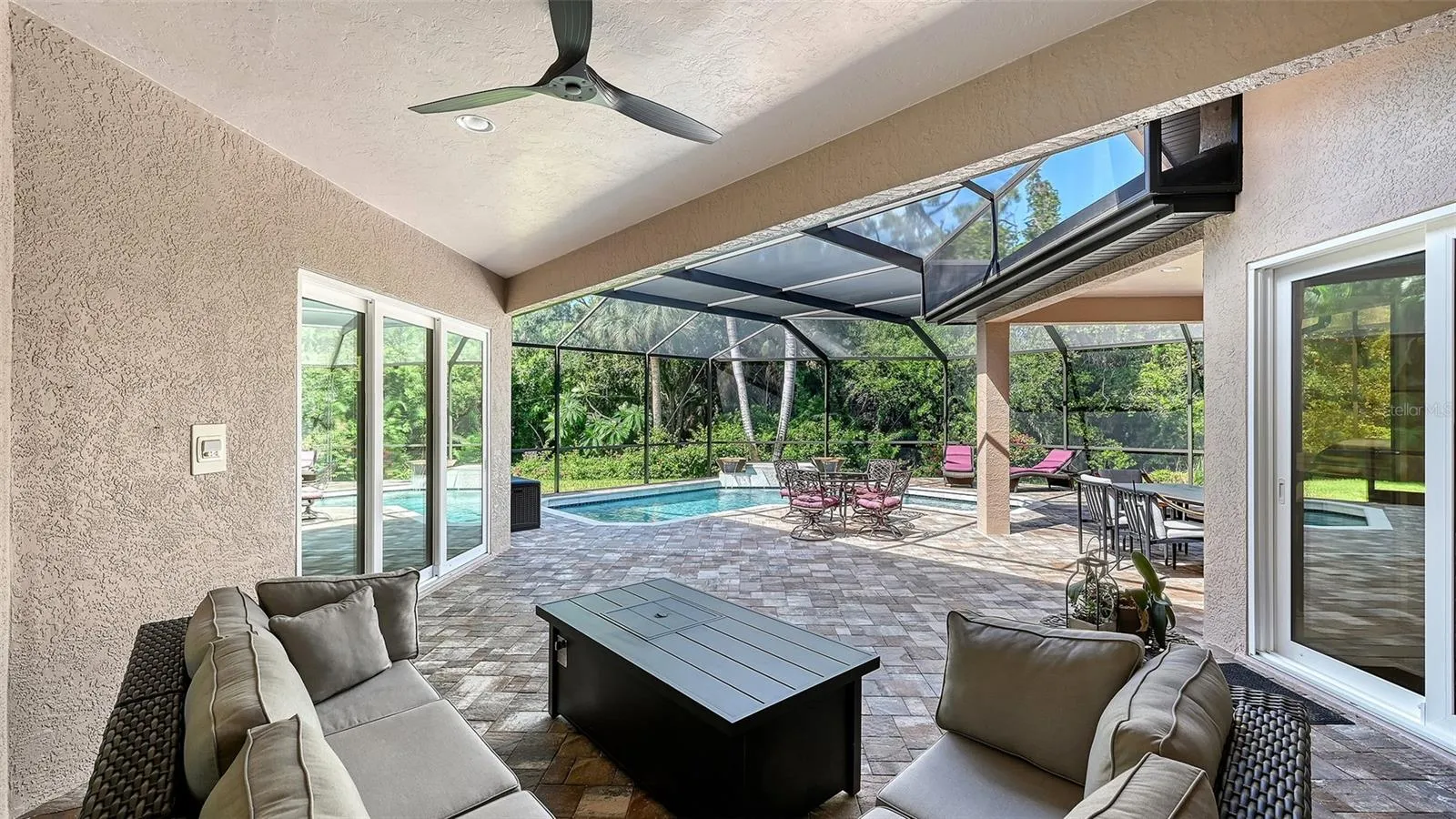 Covered lanai in the pool area.
