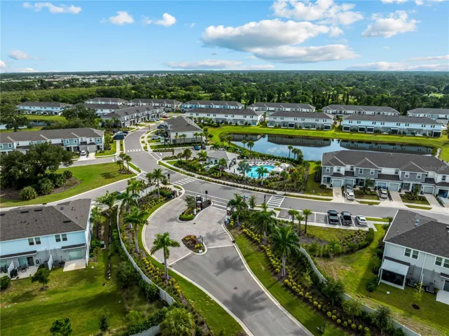 Aerial of Vinterra Townhomes entrance and community pool