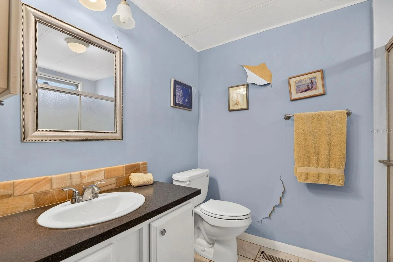 Master Bath, has peeling paint on the wall