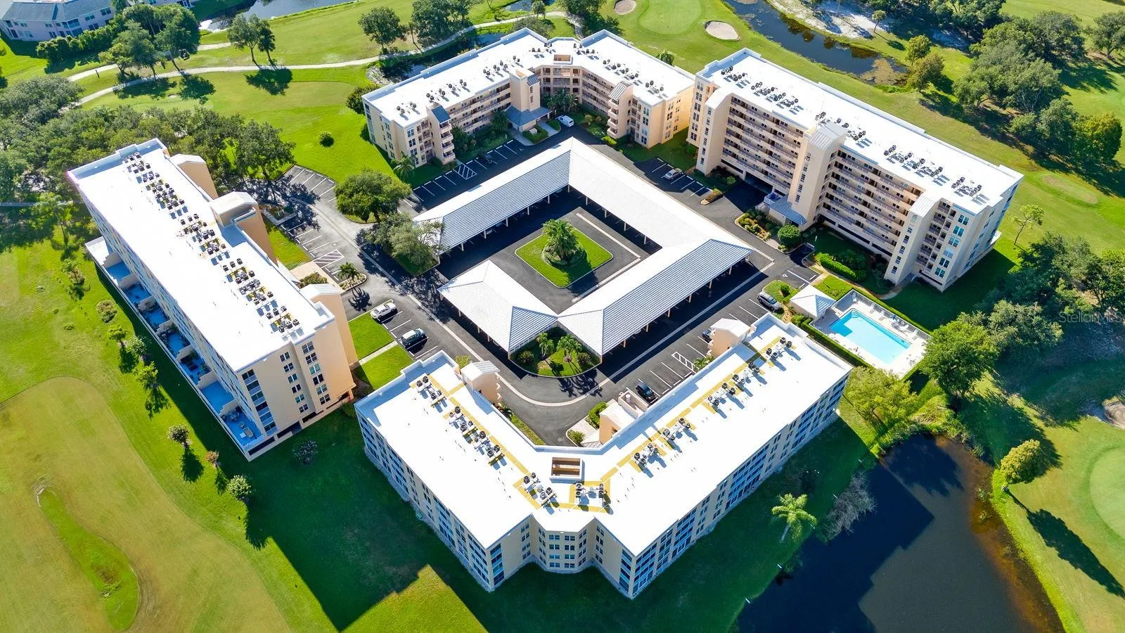 Overhead view directly over the buildings