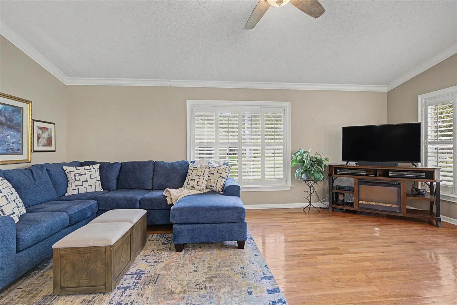 Natural light bathes the room throughout the day from the large windows