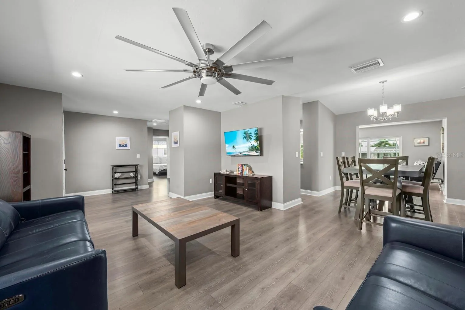 Front living room leading to dining area.