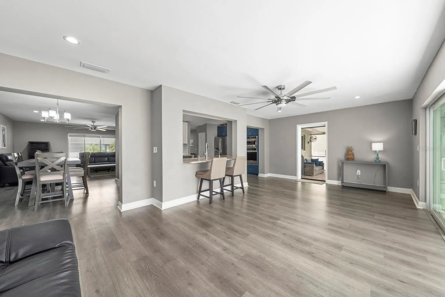 Kitchen with barstools.