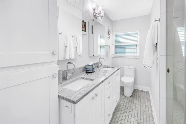 Deep vanity drawers, linen closet and 2 Robern medicine cabinets with dual interior mirrors and electrical outlets.