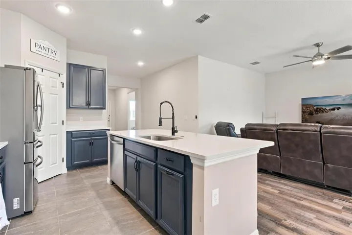 Sleek navy blue cabinets