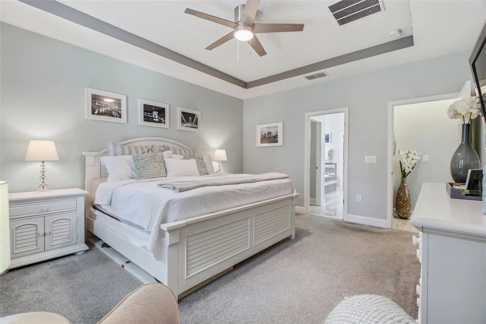 Primary bedroom with tray ceiling