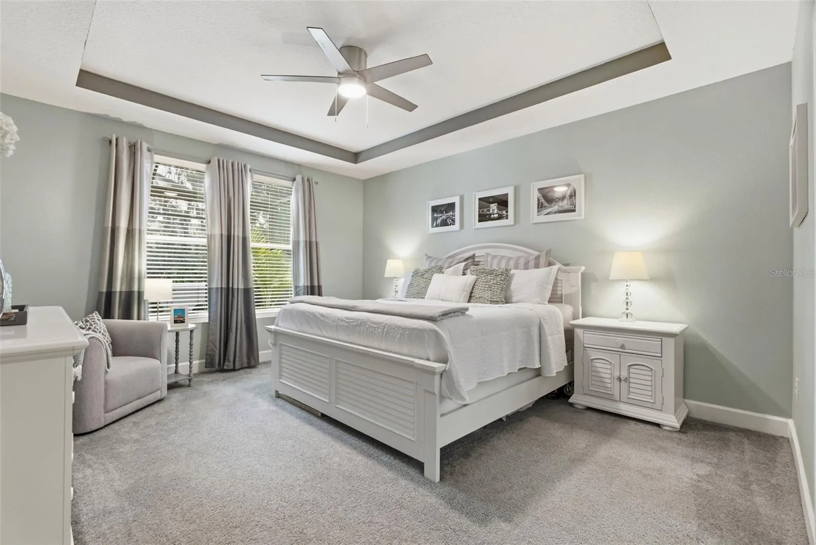 Primary bedroom retreat featuring a tray ceiling and ample natural light.