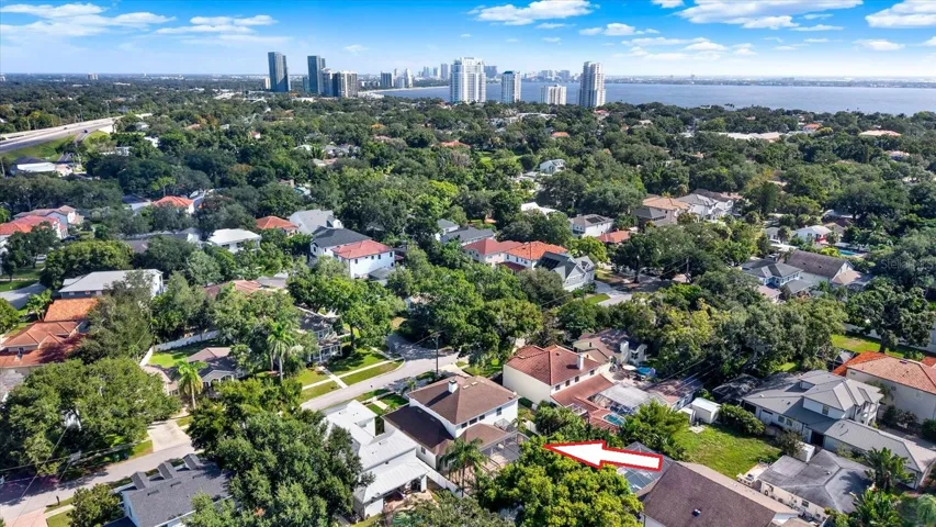 Aerial facing NE towards Bayshore Blvd and downtown Tampa