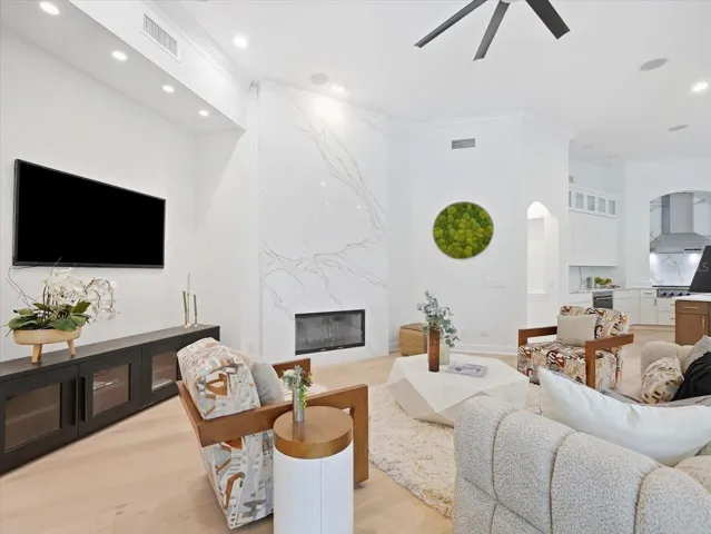 Spacious family room with Quartz fireplace