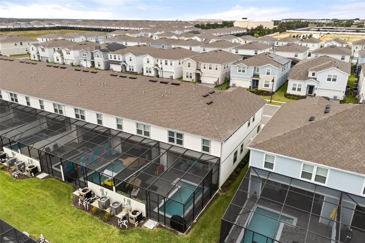 Aerial view of the property and the community