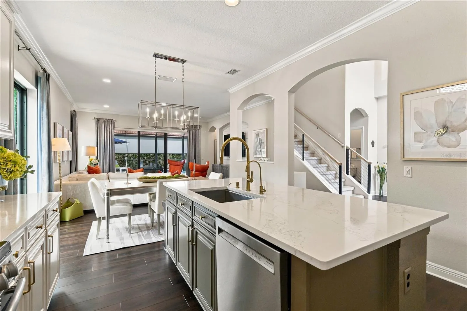 Kitchen island and adjoining living area