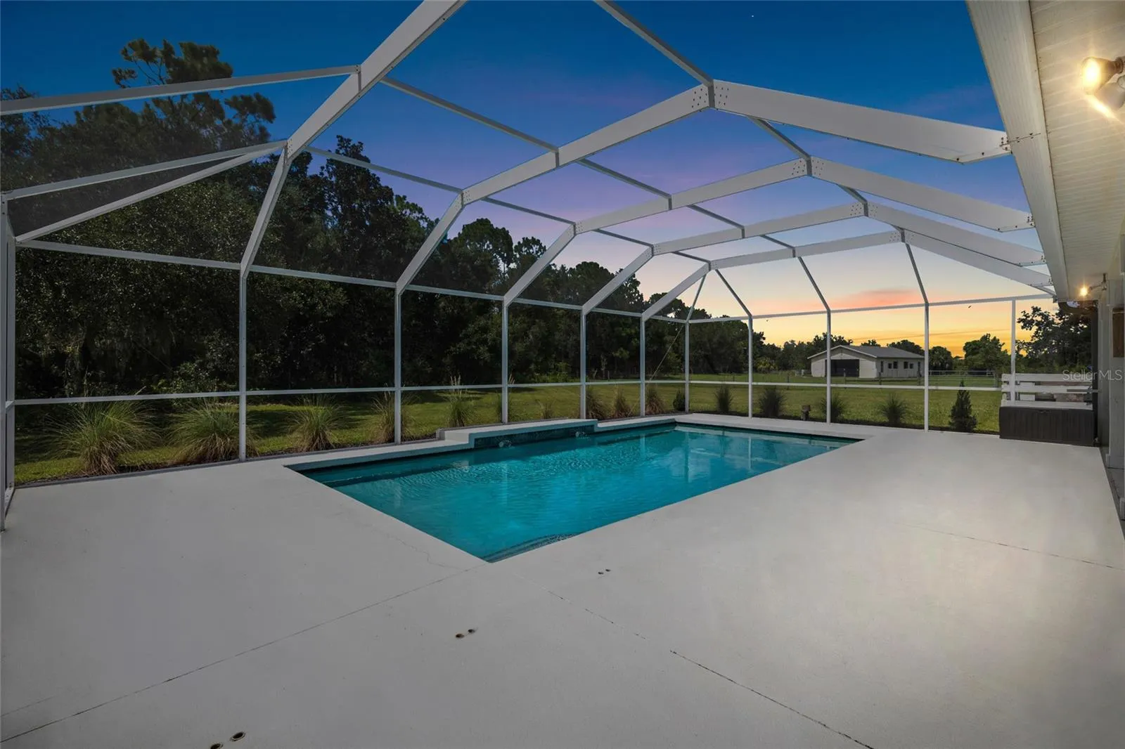Pool area at dusk.