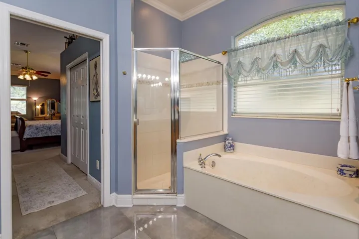 Primary bath soaking tub and spacious shower