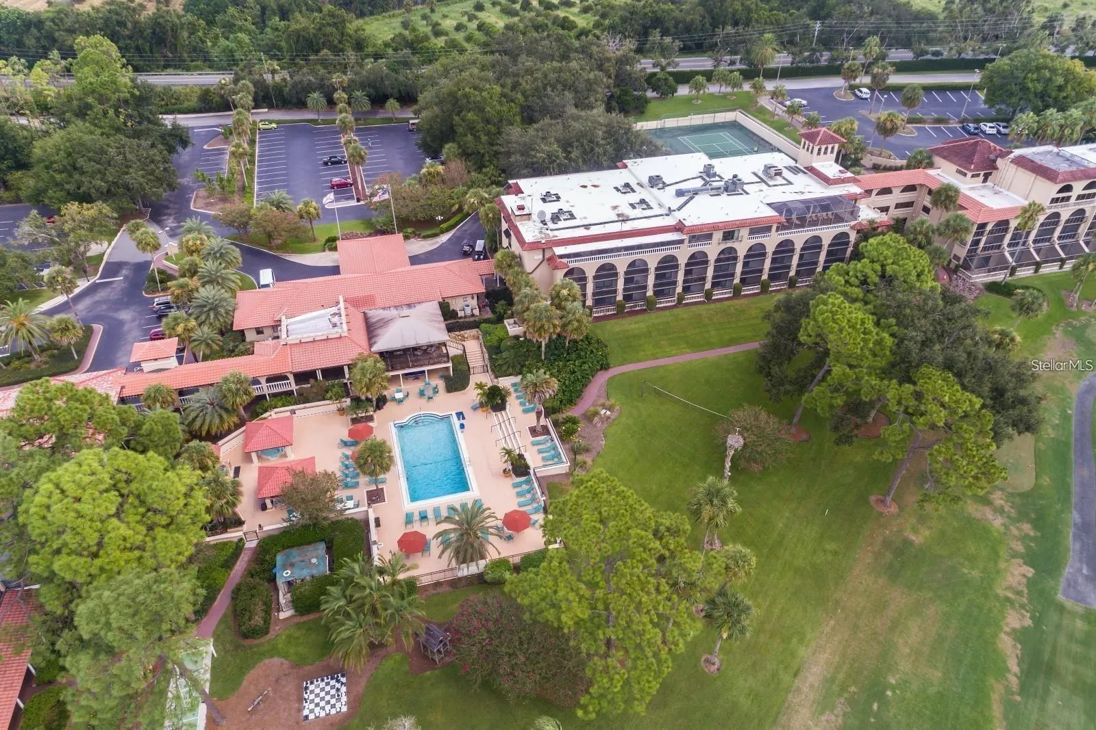 Aerial view of hotel and convention center.