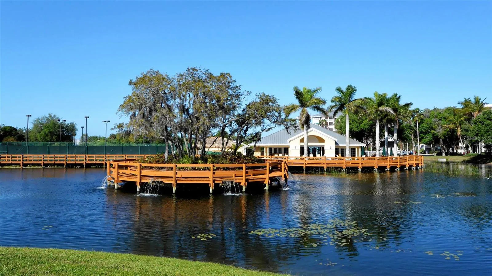 Clubhouse and boardwalk around the lake