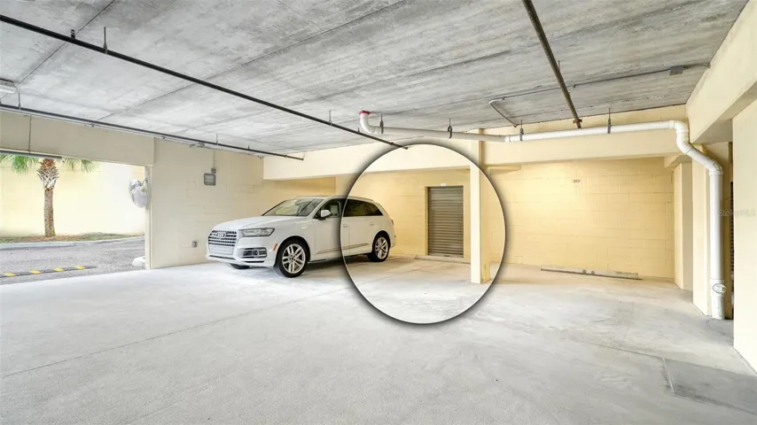 The parking space under the building and the storage unit.