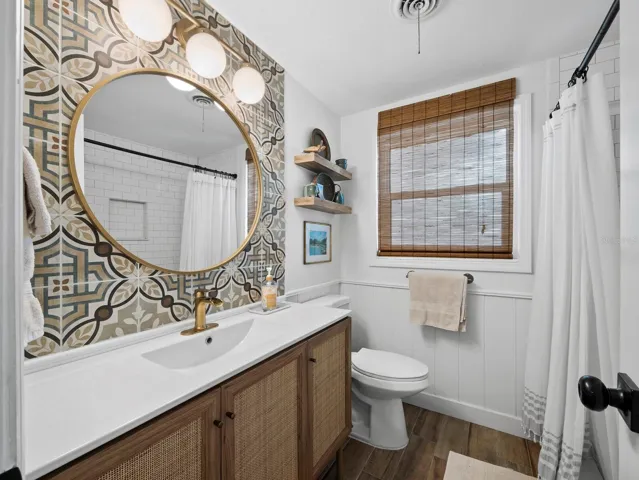 The completely updated main bathroom