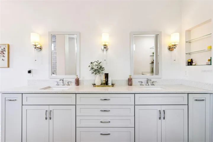 Generously sized quartz topped vanity with dual sinks