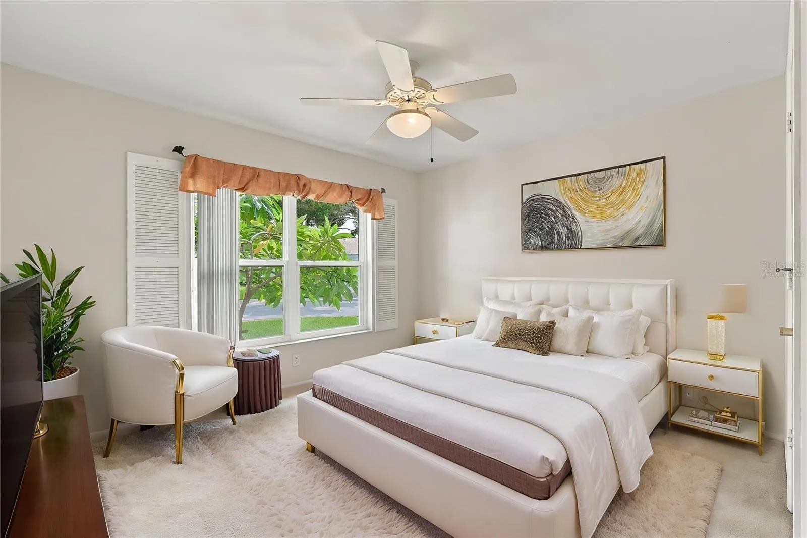 Virtually staged guest bedroom.