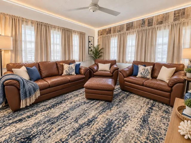 Staged with pillows, plants, decor, etc