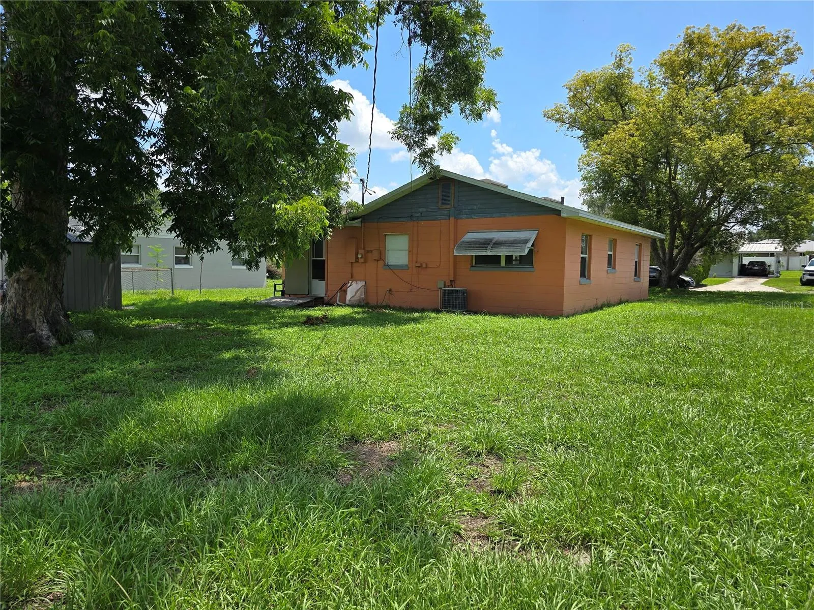 Large yard with a mature pecan tree
