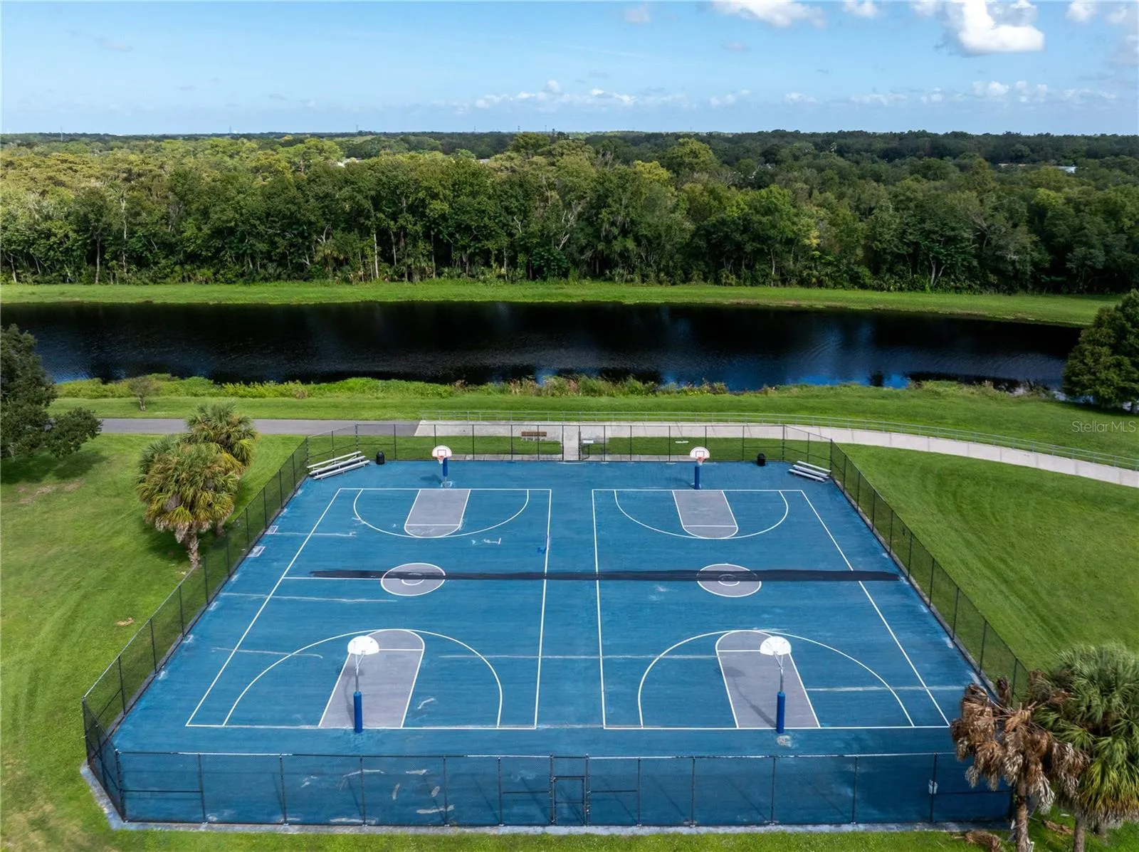 Basketball courts, riverview/trail, conservation views