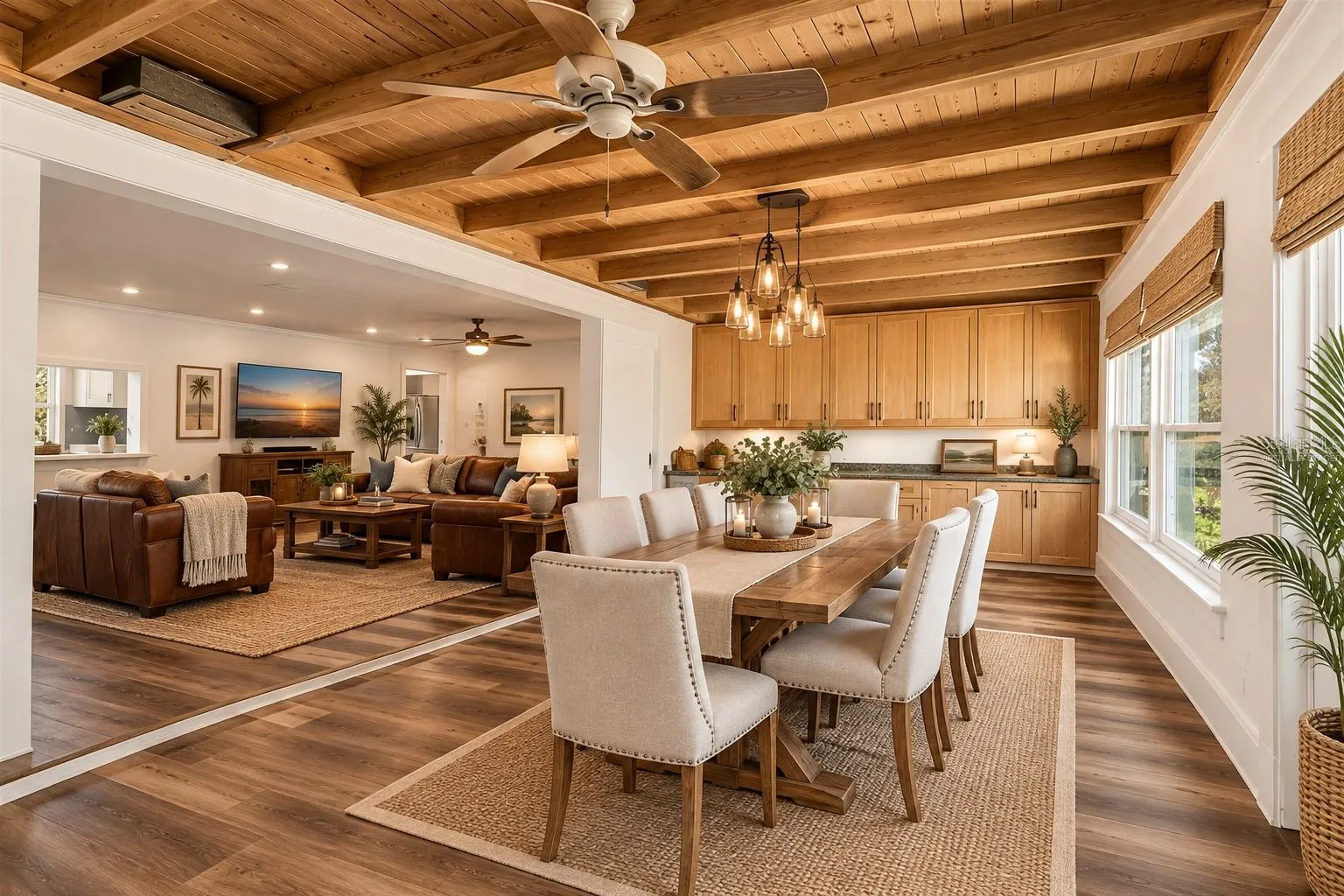 Virtually staged dining room photo with view of living room