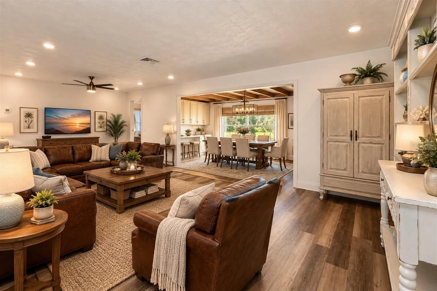 Virtually Staged Living and Dining Room. Added Cabinetry to dining room
