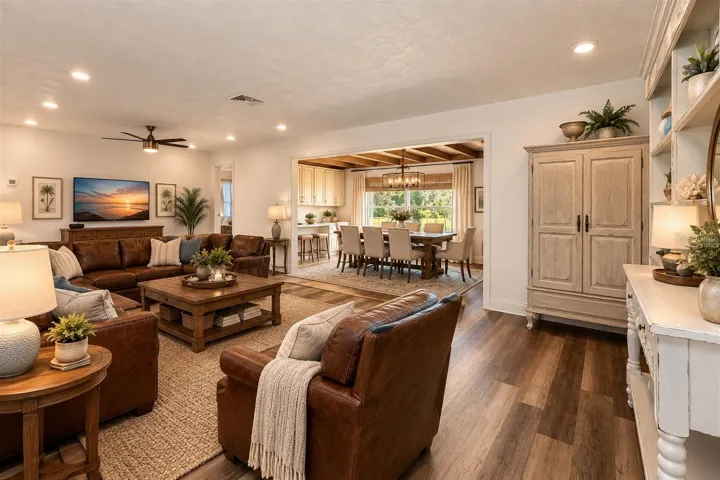 Virtually Staged Living and Dining Room. Added Cabinetry to dining room