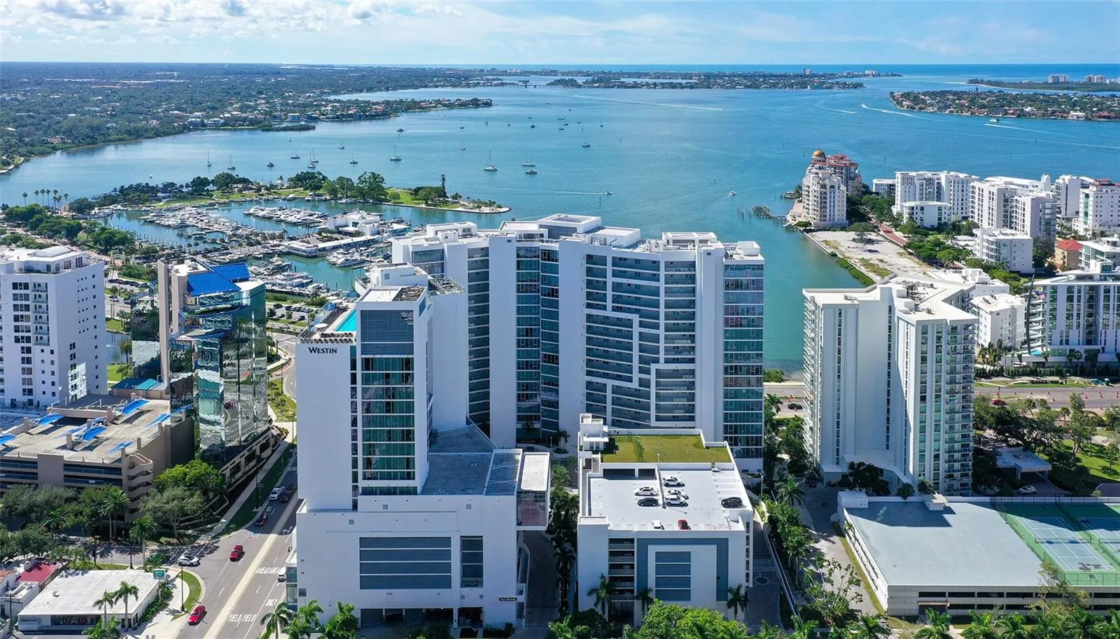 Aerial views showcase The VUE’s premier downtown Sarasota location, ideally positioned along the waterfront with spectacular views of Sarasota Bay.