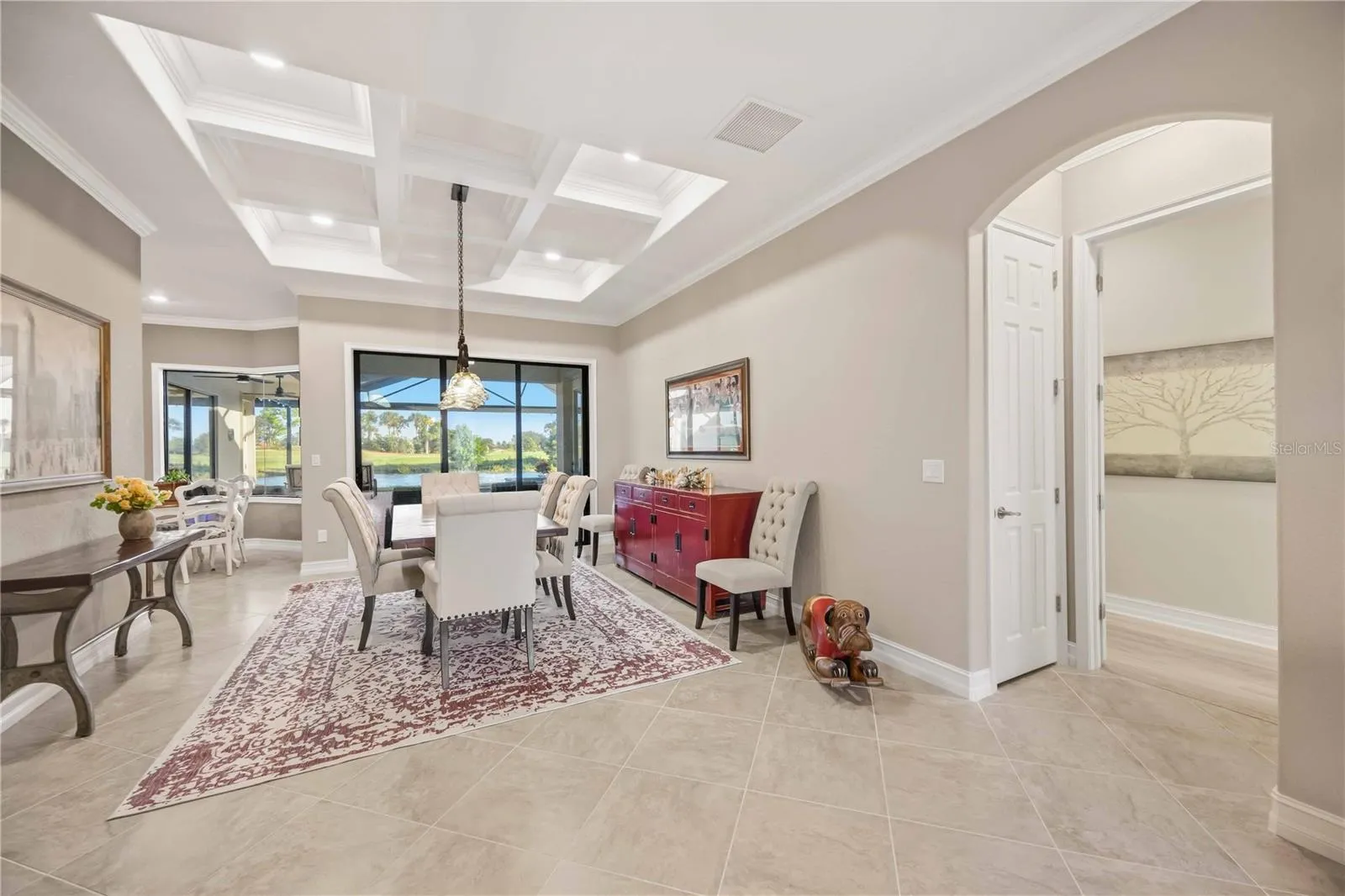 The primary bedroom entry is off the dining room.  The owners added a closet and reconfigured the entry to the room for additional privacy