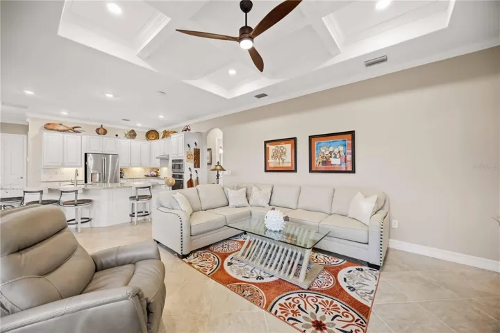 The family room and kitchen blend for effortless entertaining.