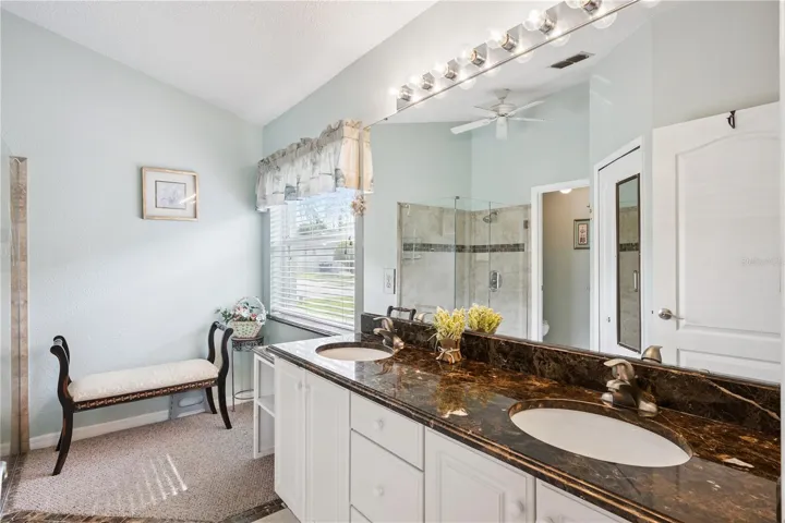 Primary bathroom with gorgeous marble counters