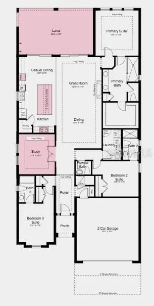 Floor Plan- Additional Highlights Include: Impact windows, tray ceiling pkg, 10' ceilings, 8' interior doors, outdoor kitchen rough-in, 80 AMP pool/spa prewire, 4' garage extension, and 42" upper cabinets at kitchen and laundry.