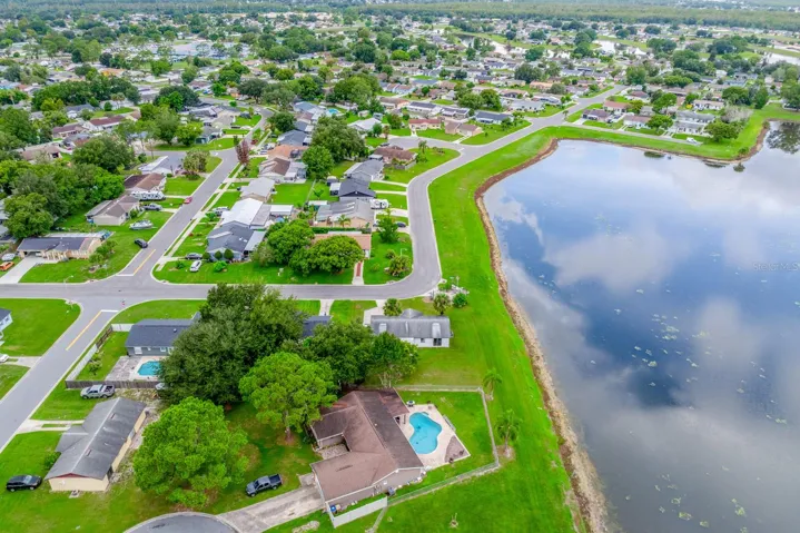 Aerial view of the home and community.