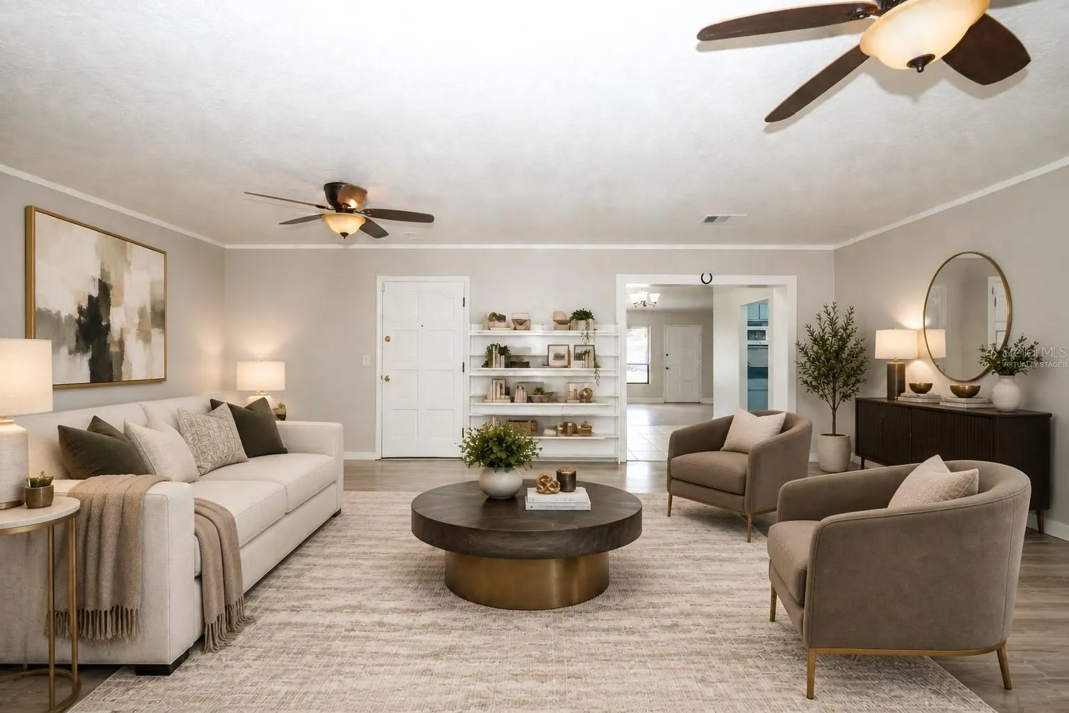 Virtually Staged-Family Room with Built In Bookshelf