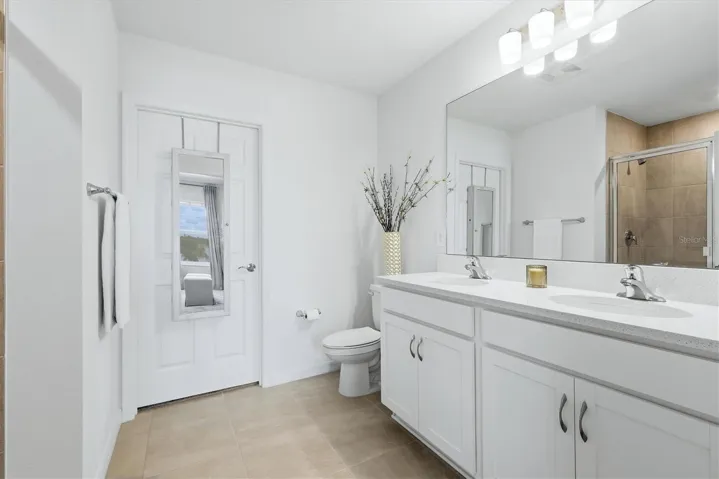 Primary bath suite with walk-in closet and shower