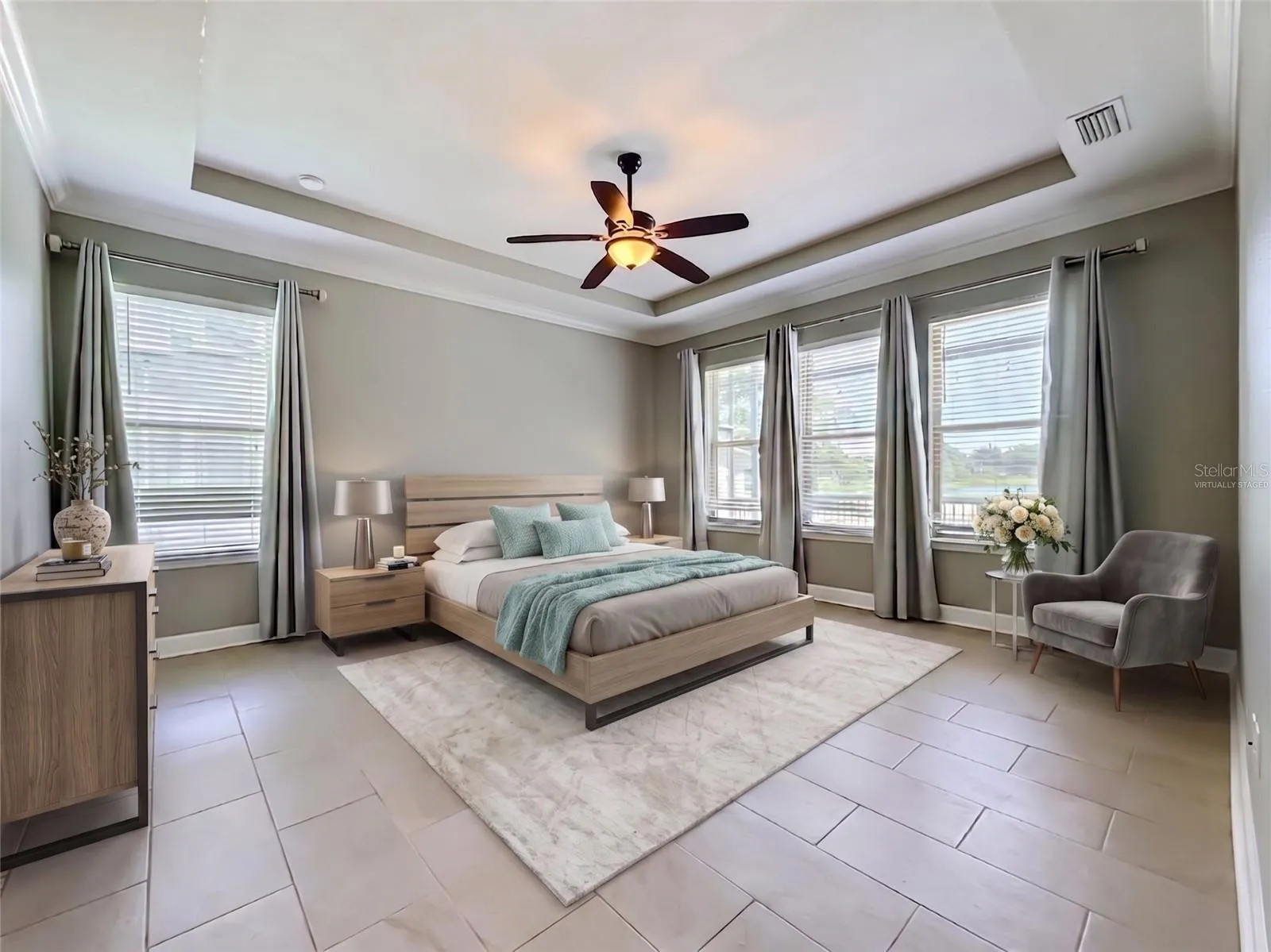 Virtually staged primary bedroom