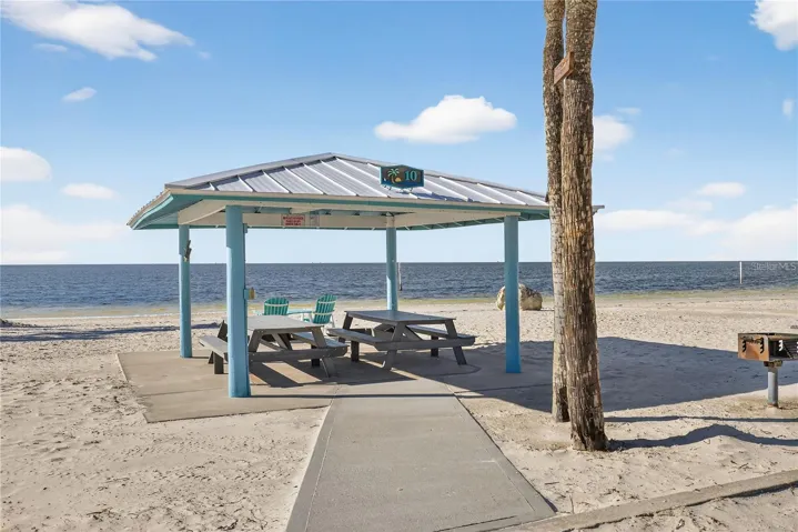 Covered cabanas with picnic tables and grills