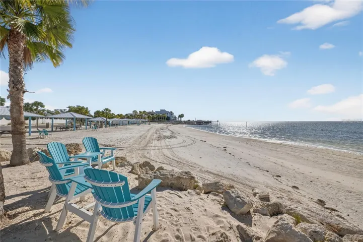 Beach chair and palms on sandy shores