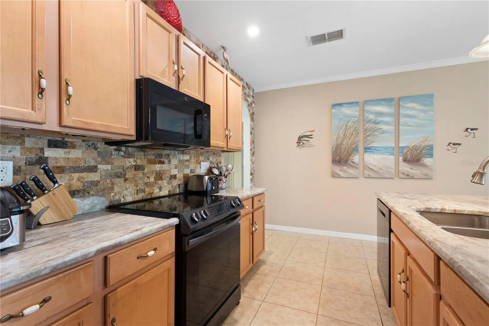Granite countertops and ample counter and cabinet space.