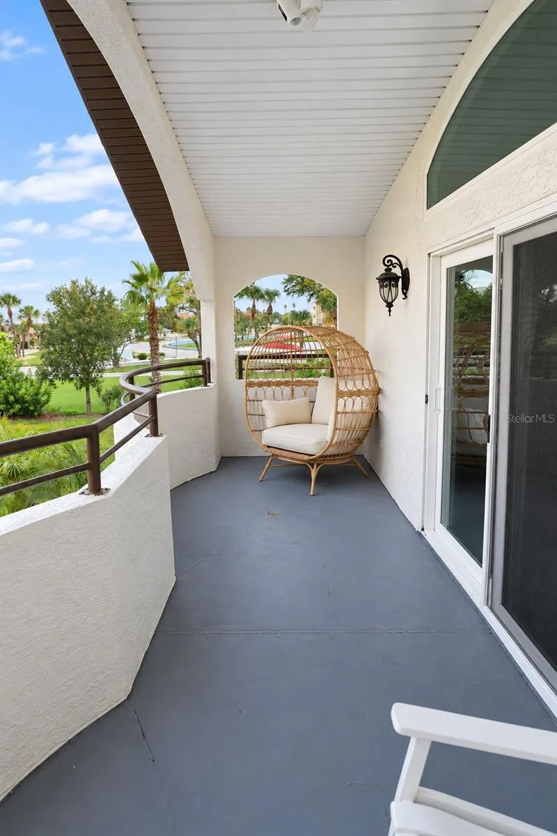 Front balcony with seating area.